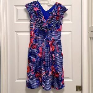 Chris McLaughlin Blue Gingham Check and Floral Fit‎ and Flare Dress - Size 12